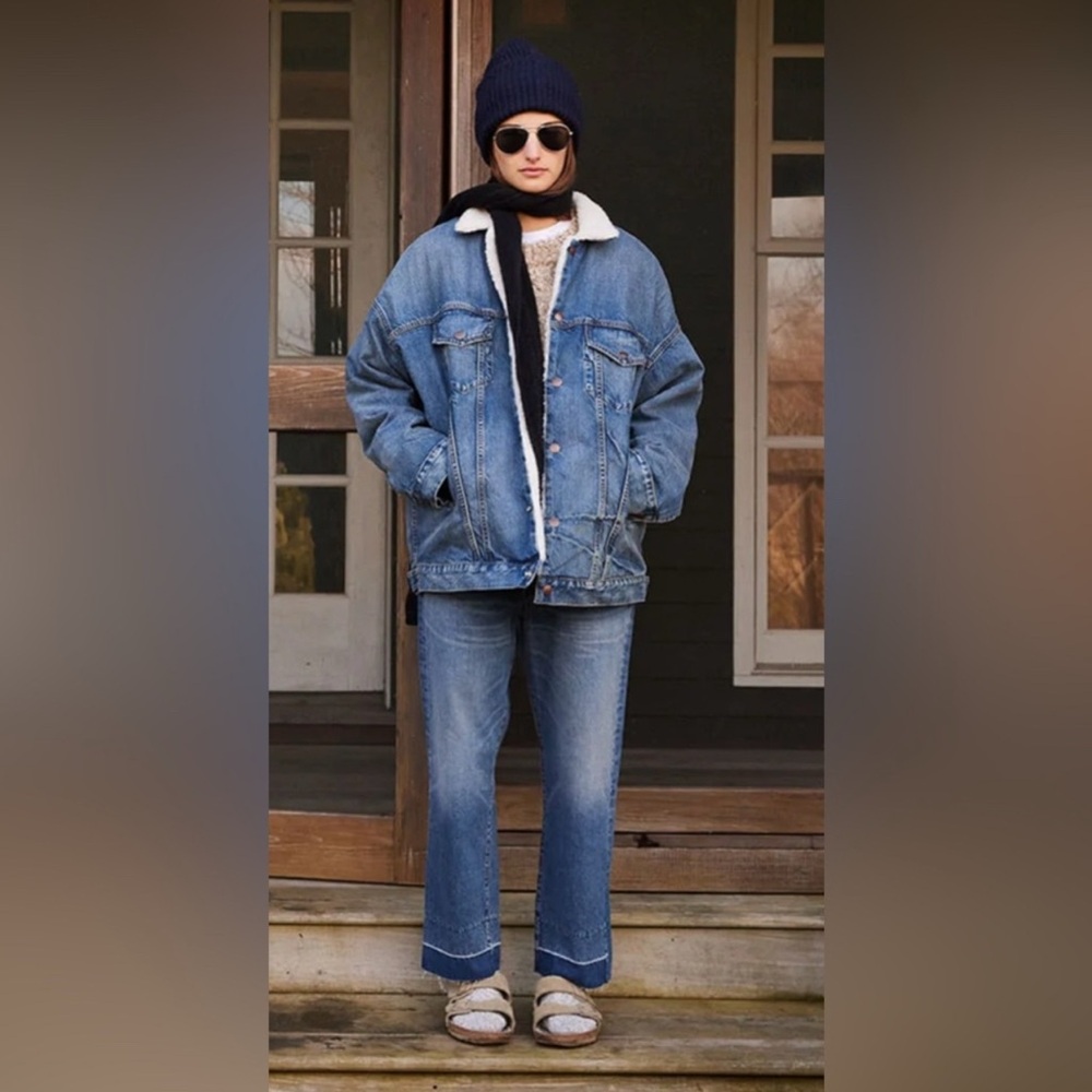 Denimist x Free People Serena Trucker Blue Denim Jean Jacket Sherpa lined NWT - Picture 3 of 5